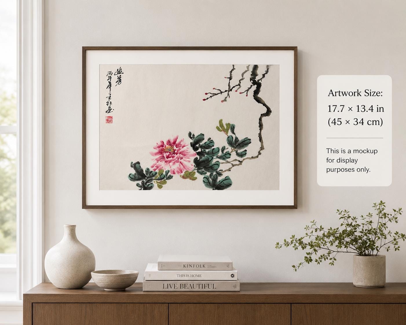 Original Chinese Floral Painting, Quiet Fragrance Ink Art, Pink Flower Painting, Hand Painted Chinese Wall Art