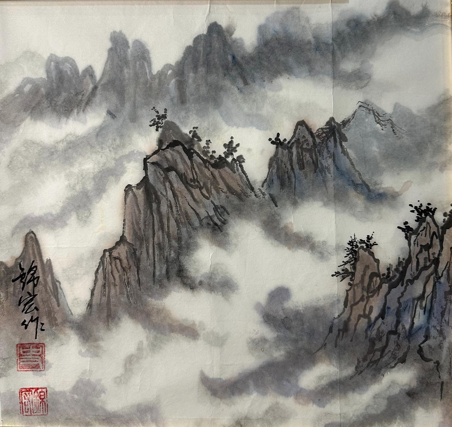 Original Chinese Mountain Painting, Misty Landscape Ink Art, Small Chinese Wall Art, Hand Painted Mountain Landscape