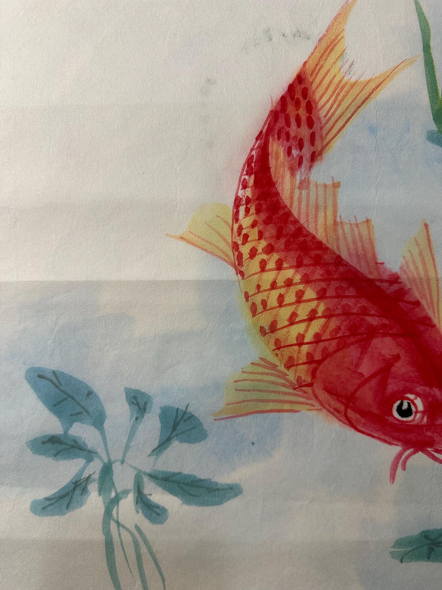 Original Chinese Koi Painting, Three Red Carp, Yearly Abundance, 13.4 × 25.6 Inch