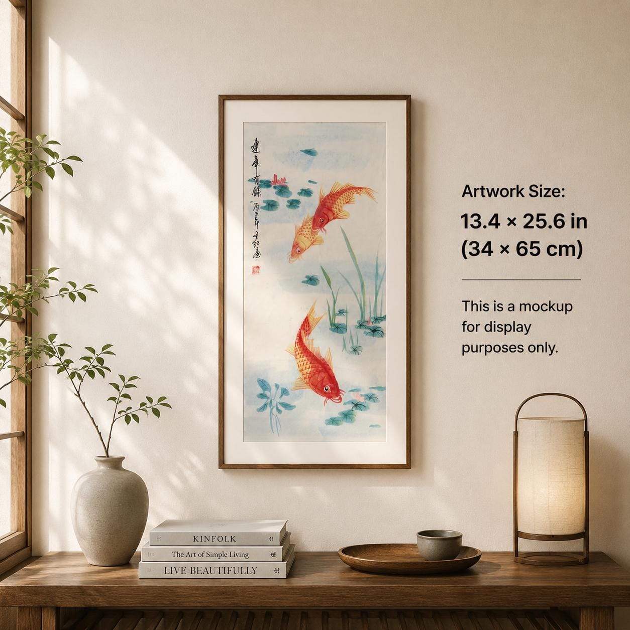 Original Chinese Koi Painting, Three Red Carp, Yearly Abundance, 13.4 × 25.6 Inch