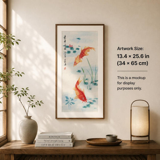 Original Chinese Koi Painting, Three Red Carp, Yearly Abundance, 13.4 × 25.6 Inch