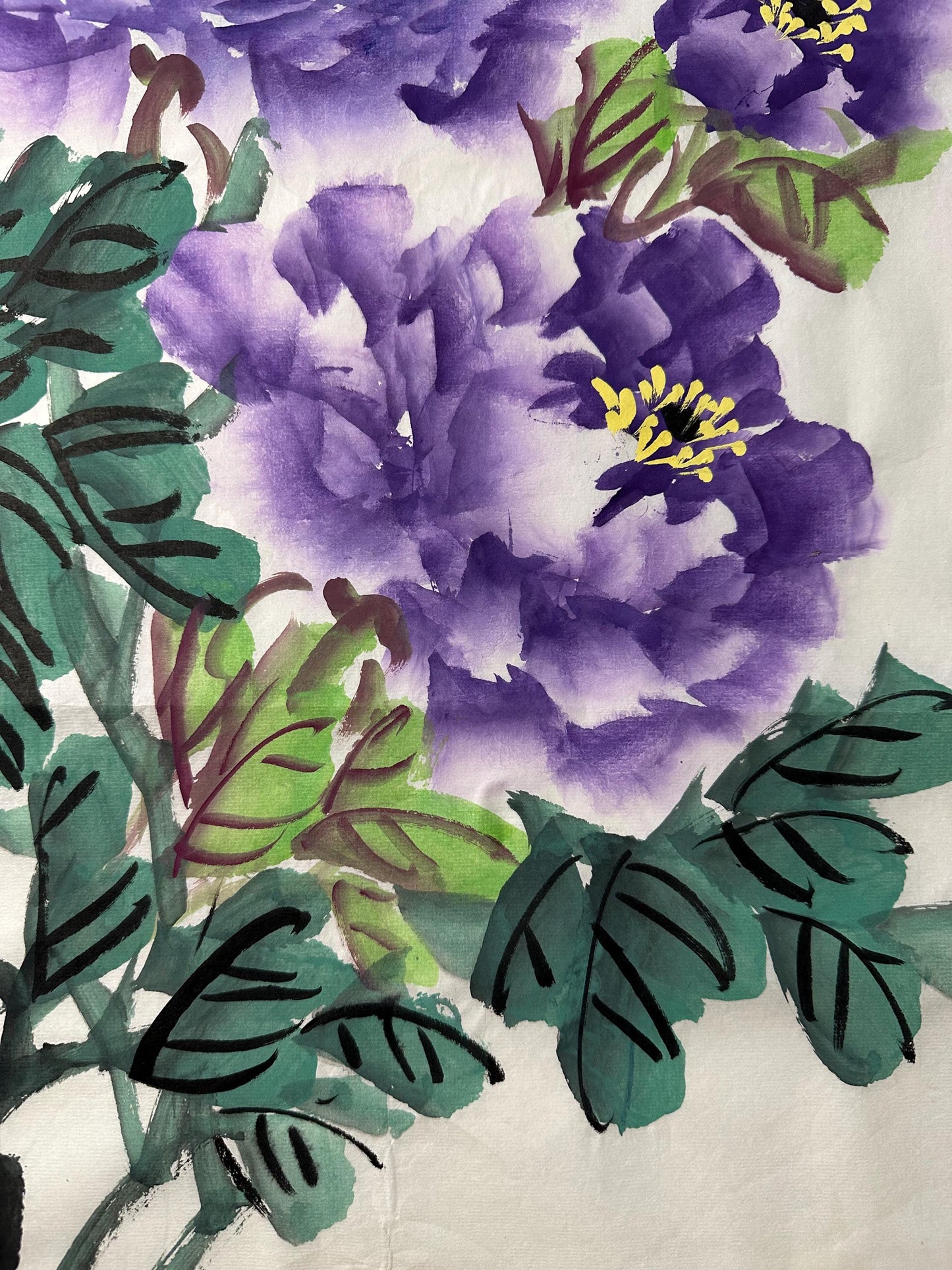 Original Chinese Peony Painting, Purple Flowers, Wealth & Honor (13.8 × 27.2 Inch)