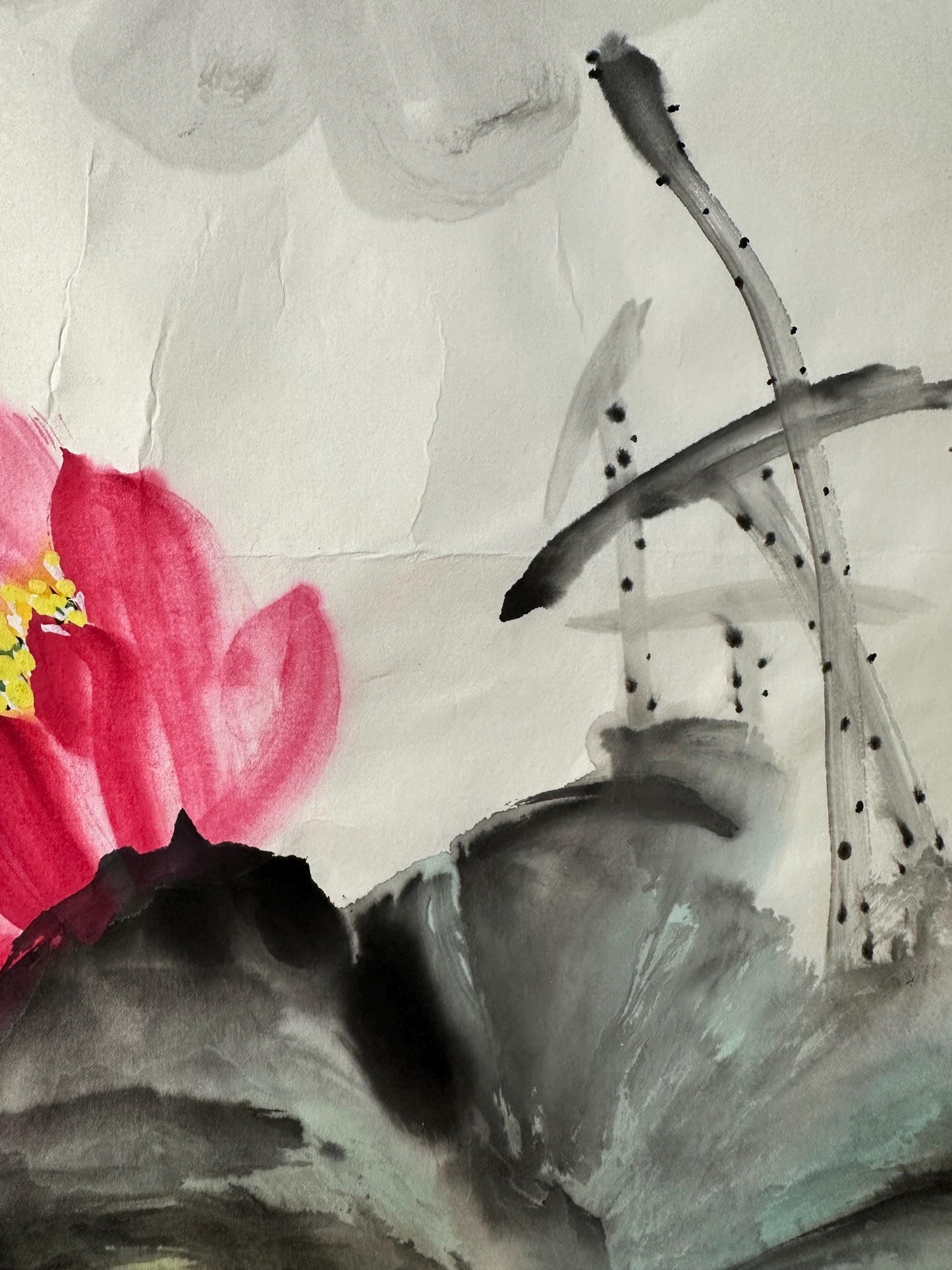 Original Chinese Lotus Painting, Pink Lotus & Bees, Lotus Pond Art, 13.4 × 13.4 Inch