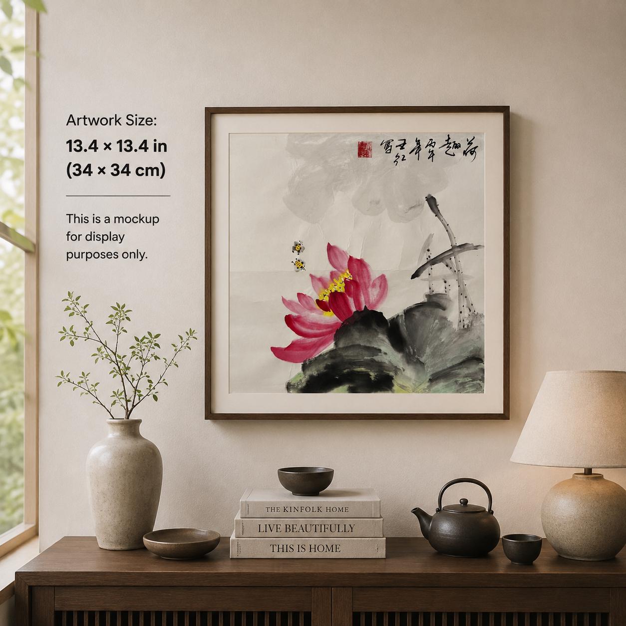 Original Chinese Lotus Painting, Pink Lotus & Bees, Lotus Pond Art, 13.4 × 13.4 Inch