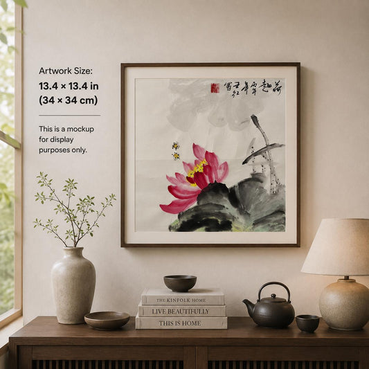 Original Chinese Lotus Painting, Pink Lotus & Bees, Lotus Pond Art, 13.4 × 13.4 Inch