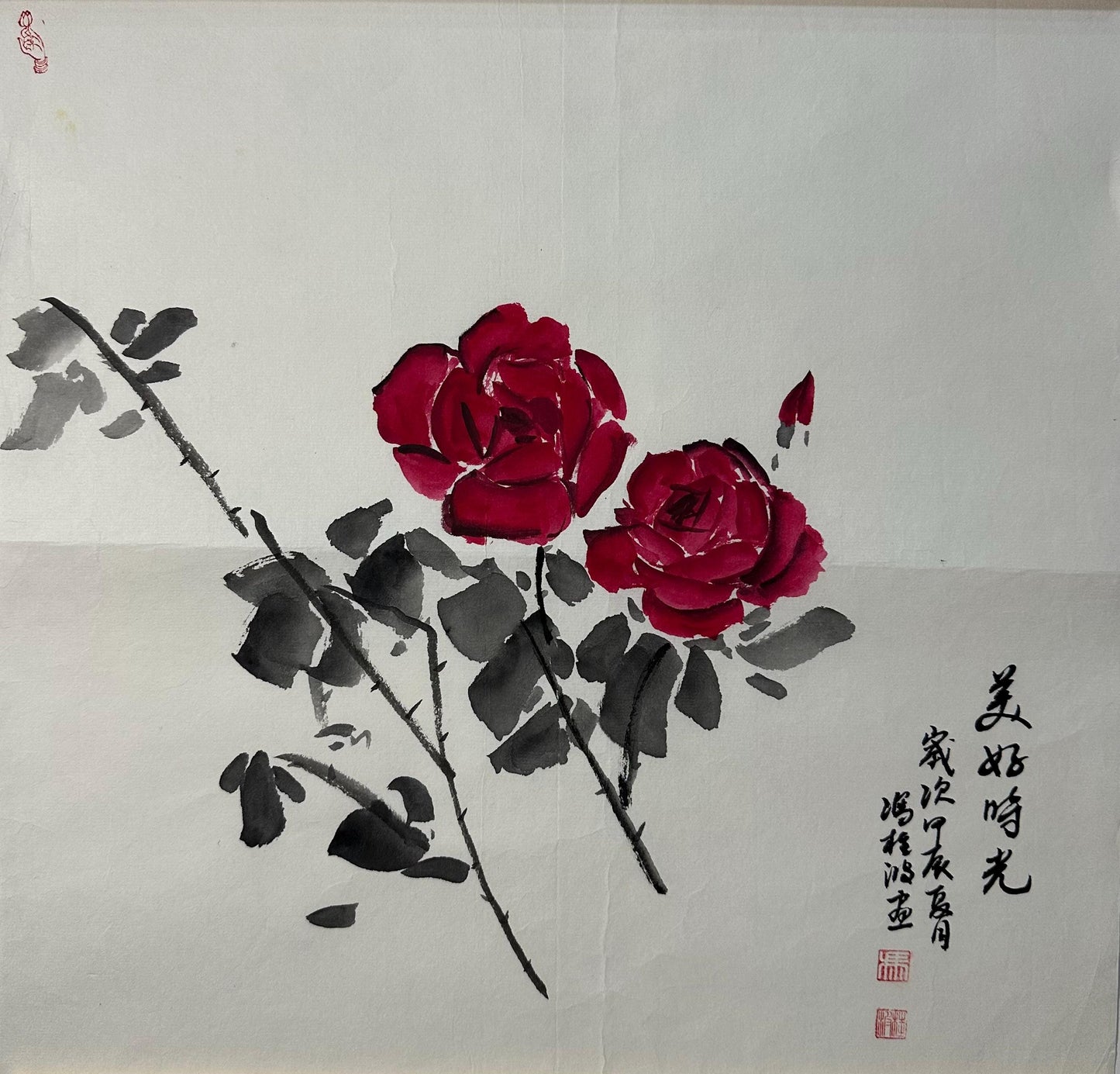 Original Chinese Rose Painting, Red Roses, Beautiful Moments, 13.4 × 13.4 Inch