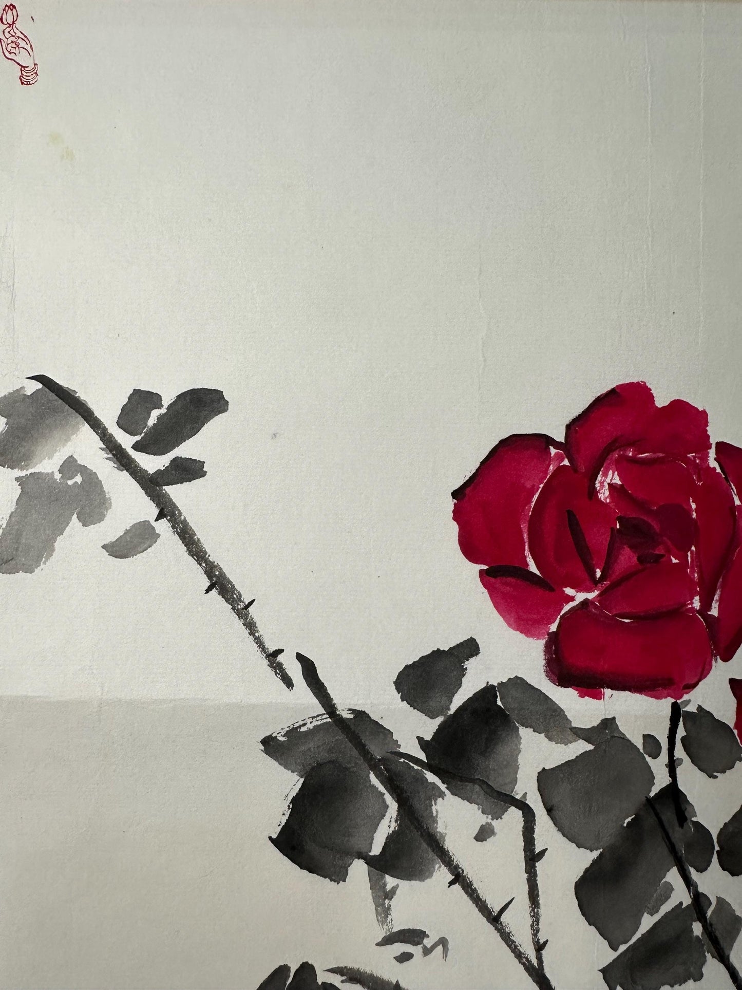 Original Chinese Rose Painting, Red Roses, Beautiful Moments, 13.4 × 13.4 Inch