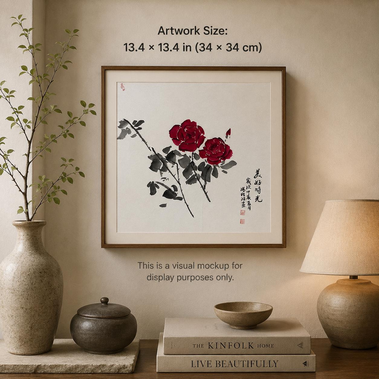 Original Chinese Rose Painting, Red Roses, Beautiful Moments, 13.4 × 13.4 Inch