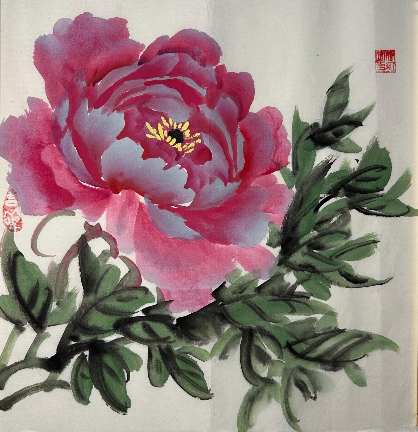 Original Chinese Peony Painting, Pink Floral Art, Hand Painted, 13.4 × 13.4 Inch