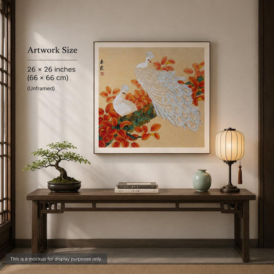 Original Chinese Gongbi Painting | White Peacocks & Autumn Leaves | Hand Painted Asian Wall Art | 26 Inches