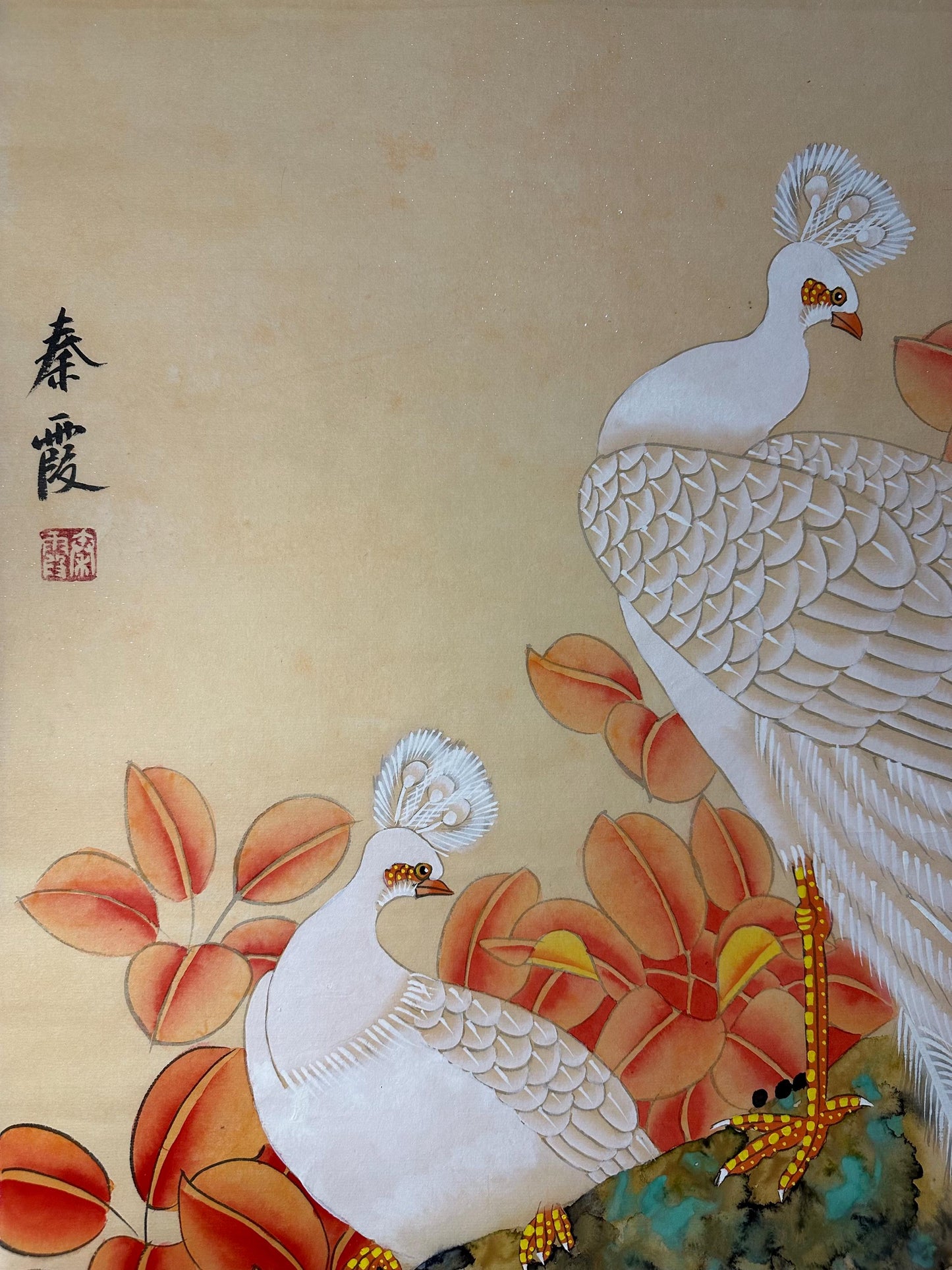 Original Chinese Gongbi Painting | White Peacocks & Autumn Leaves | Hand Painted Asian Wall Art | 26 Inches
