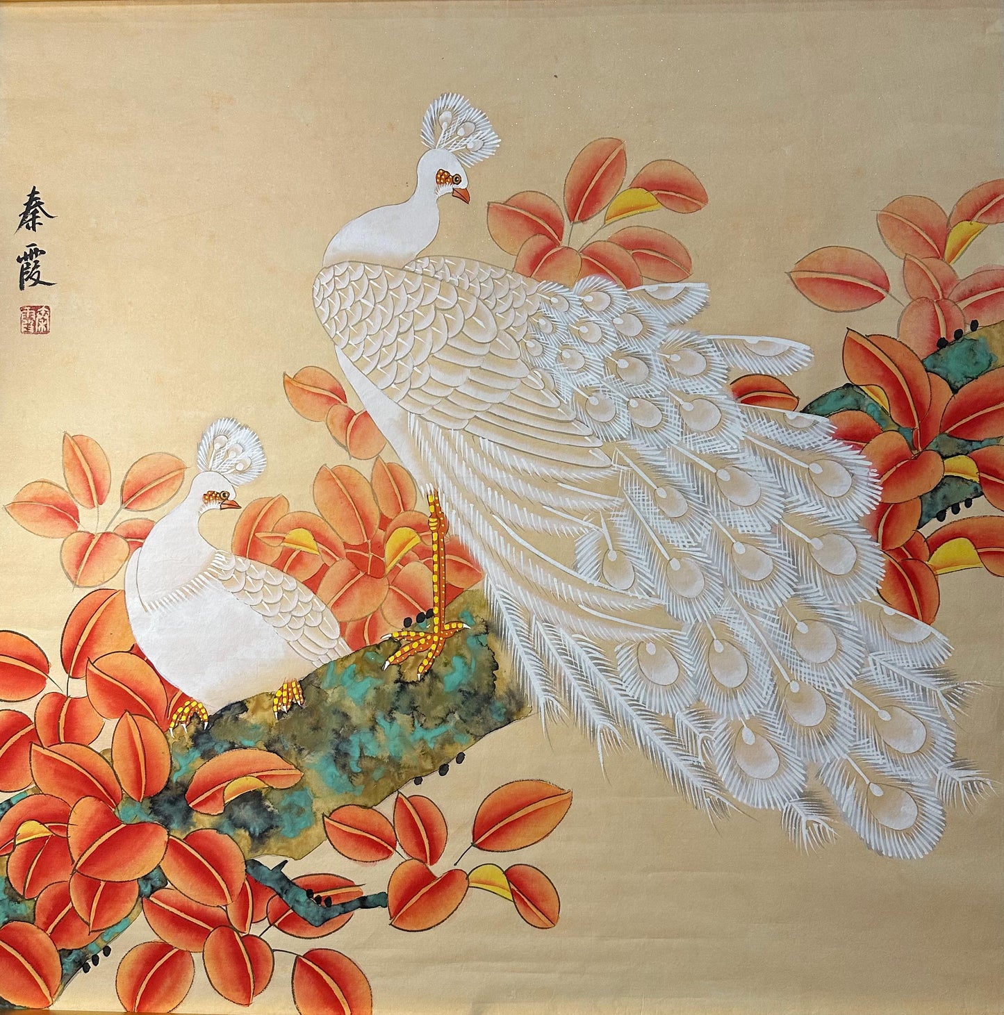Original Chinese Gongbi Painting | White Peacocks & Autumn Leaves | Hand Painted Asian Wall Art | 26 Inches