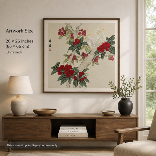 Original Chinese Gongbi Painting | White Parrots & Red Berries | Hand Painted Asian Wall Art | 26 Inches