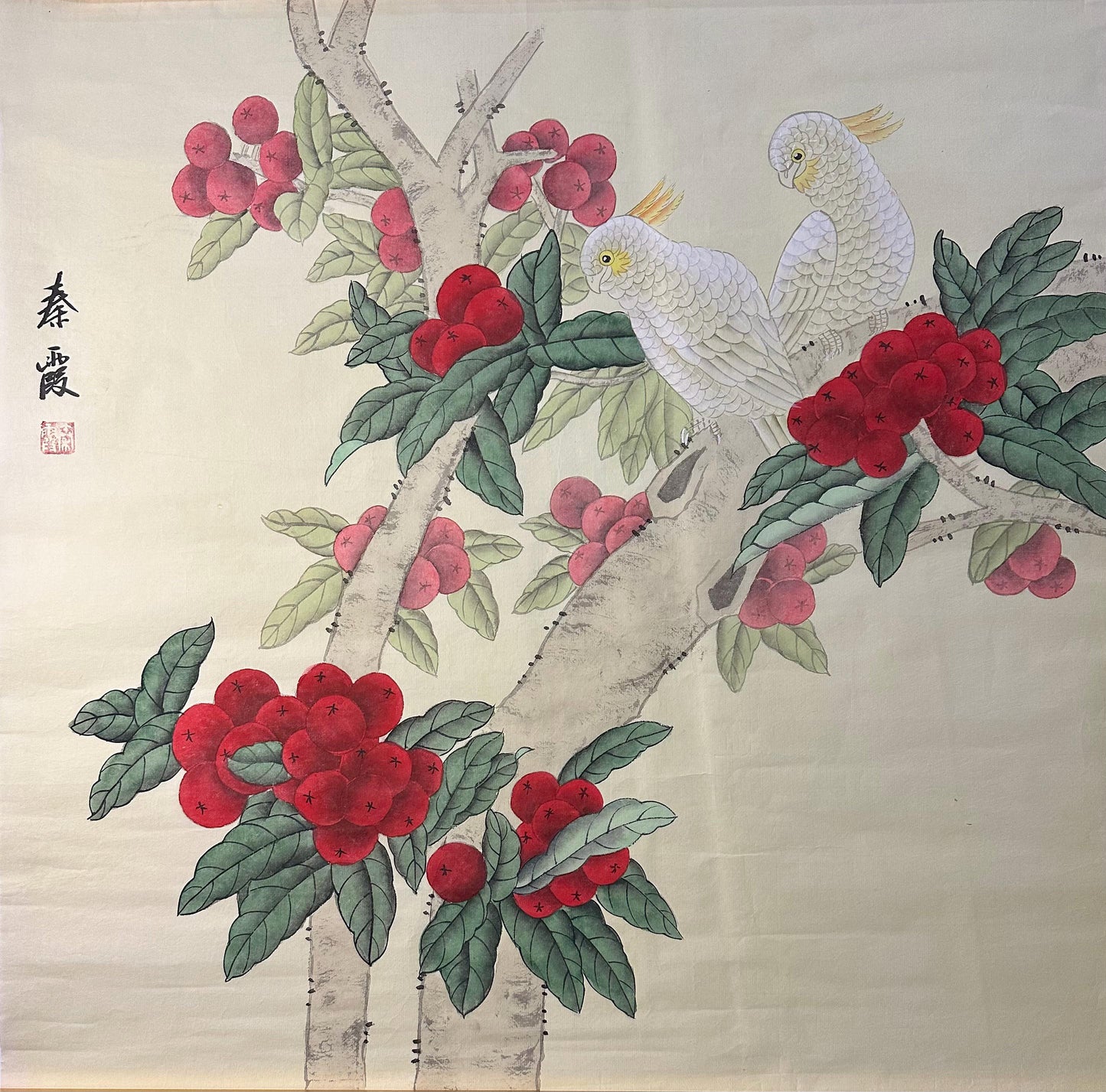 Original Chinese Gongbi Painting | White Parrots & Red Berries | Hand Painted Asian Wall Art | 26 Inches