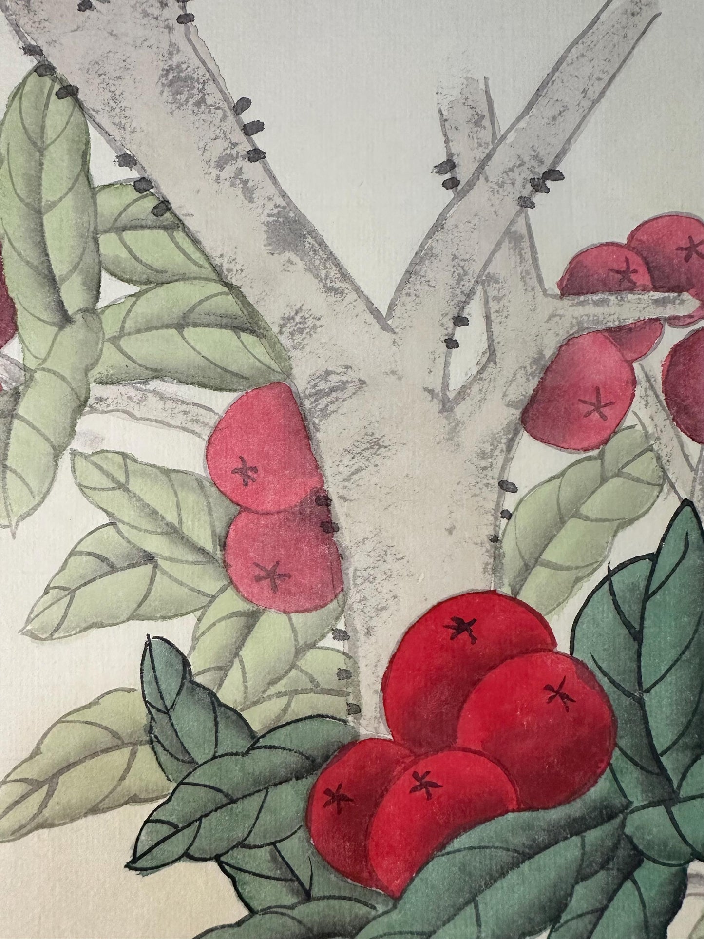 Original Chinese Gongbi Painting | White Parrots & Red Berries | Hand Painted Asian Wall Art | 26 Inches