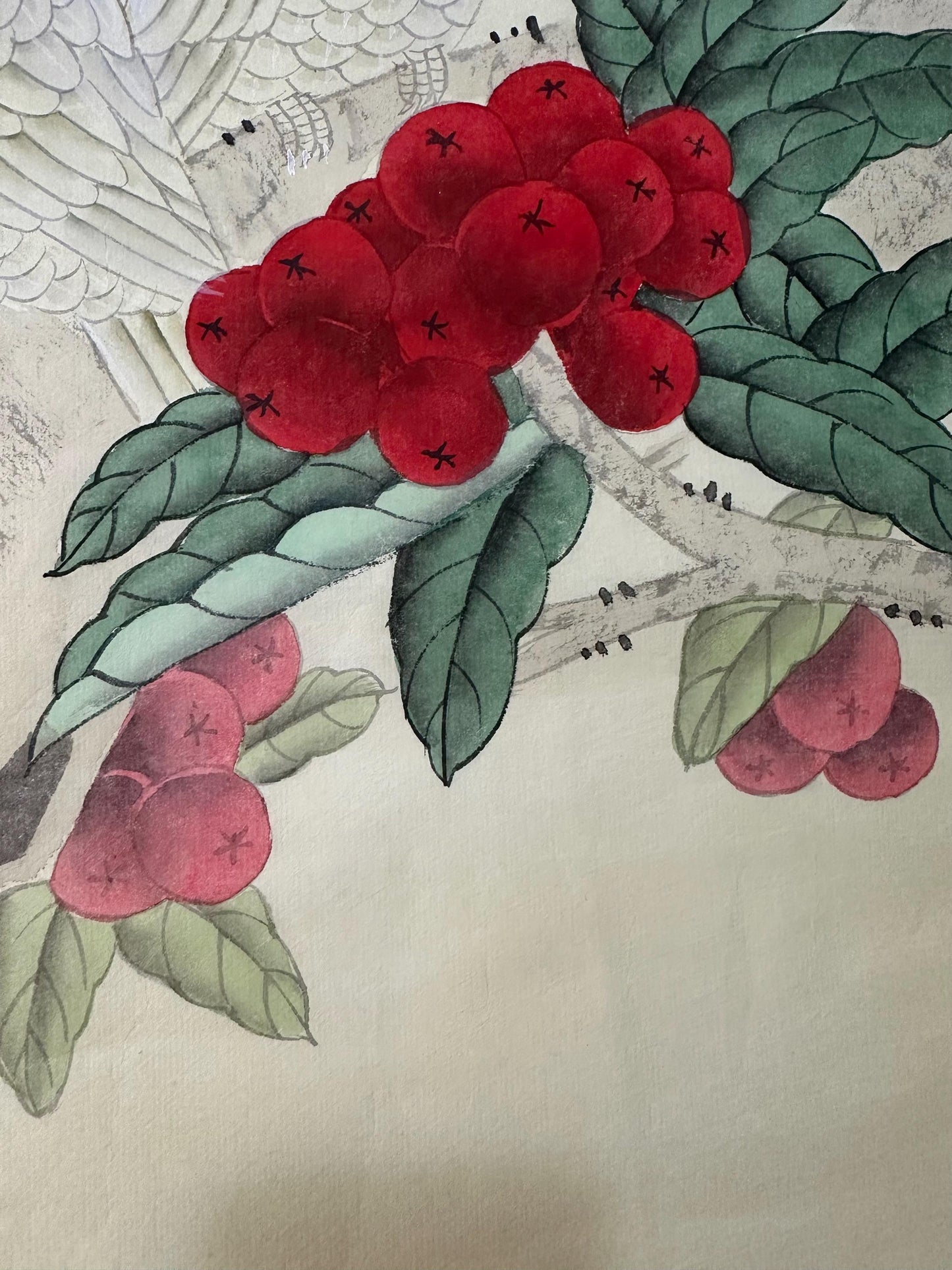 Original Chinese Gongbi Painting | White Parrots & Red Berries | Hand Painted Asian Wall Art | 26 Inches