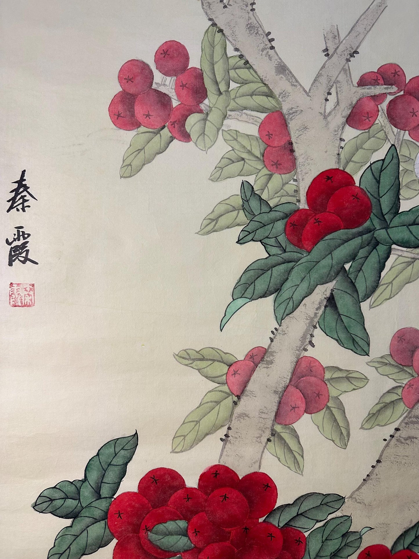 Original Chinese Gongbi Painting | White Parrots & Red Berries | Hand Painted Asian Wall Art | 26 Inches