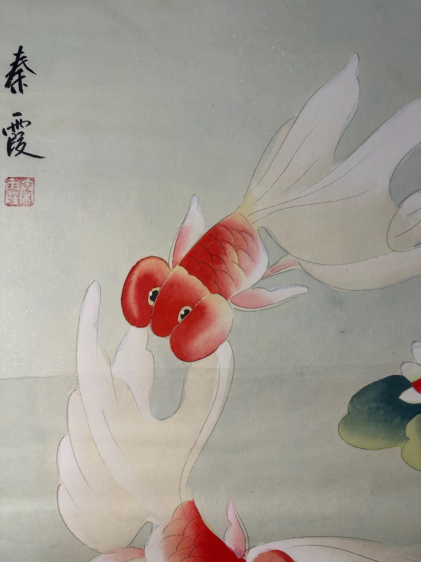 Original Chinese Gongbi Painting, Six Goldfish & Lotus, Hand Painted Asian Wall Art, 26 Inches