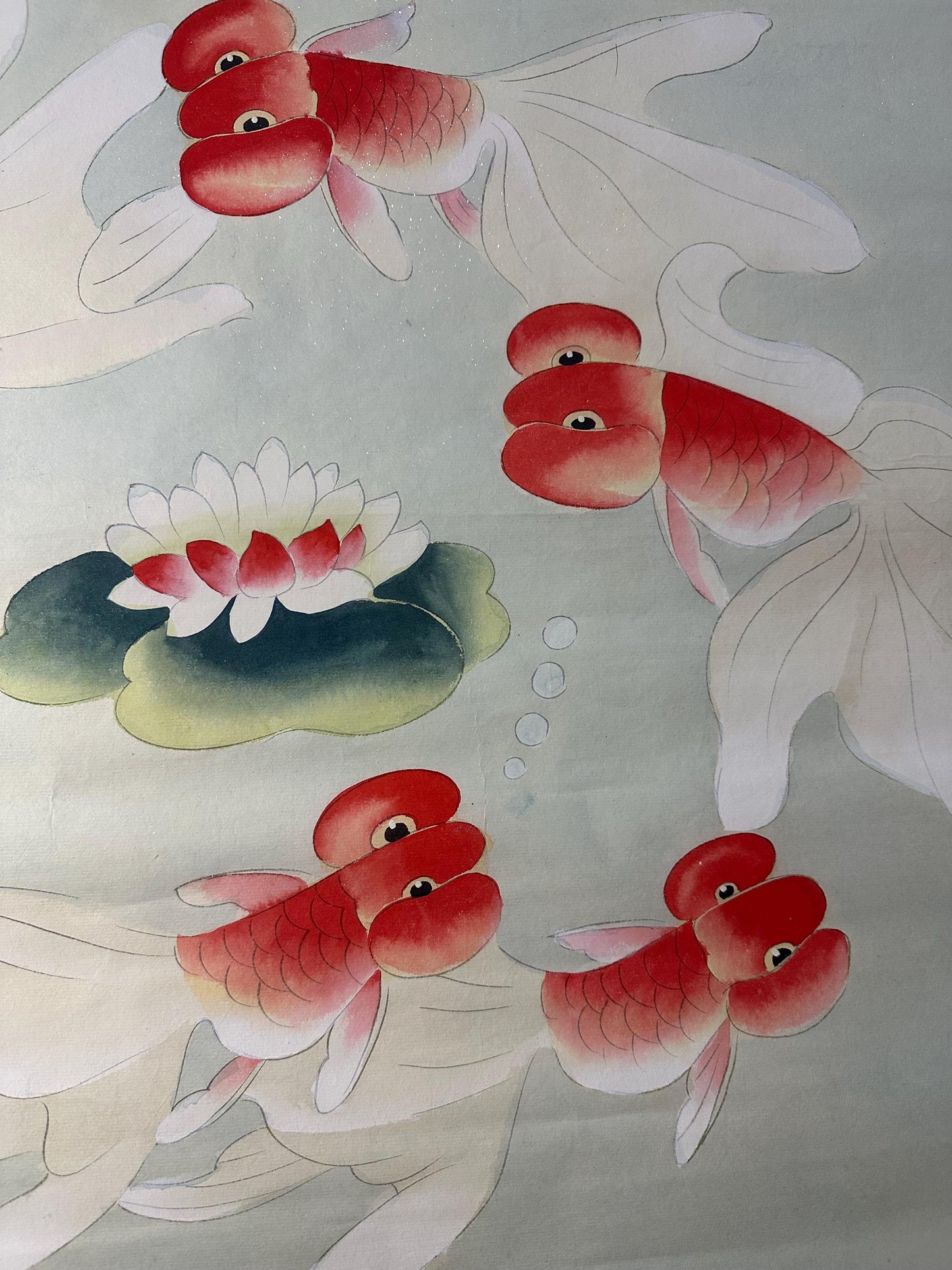 Original Chinese Gongbi Painting, Six Goldfish & Lotus, Hand Painted Asian Wall Art, 26 Inches