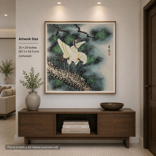 Original Chinese Gongbi Painting, Two Cranes & Pine Tree, Hand Painted Asian Wall Art, 25 Inches
