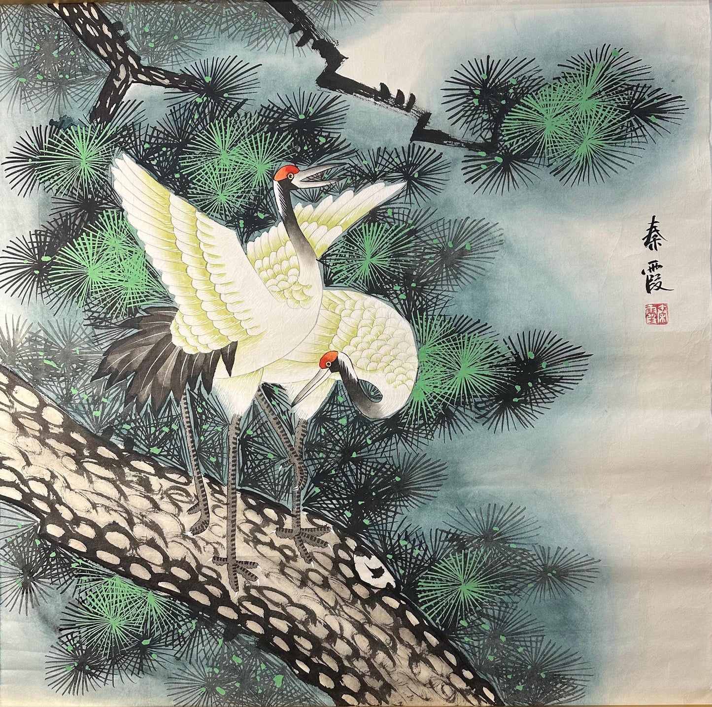 Original Chinese Gongbi Painting, Two Cranes & Pine Tree, Hand Painted Asian Wall Art, 25 Inches