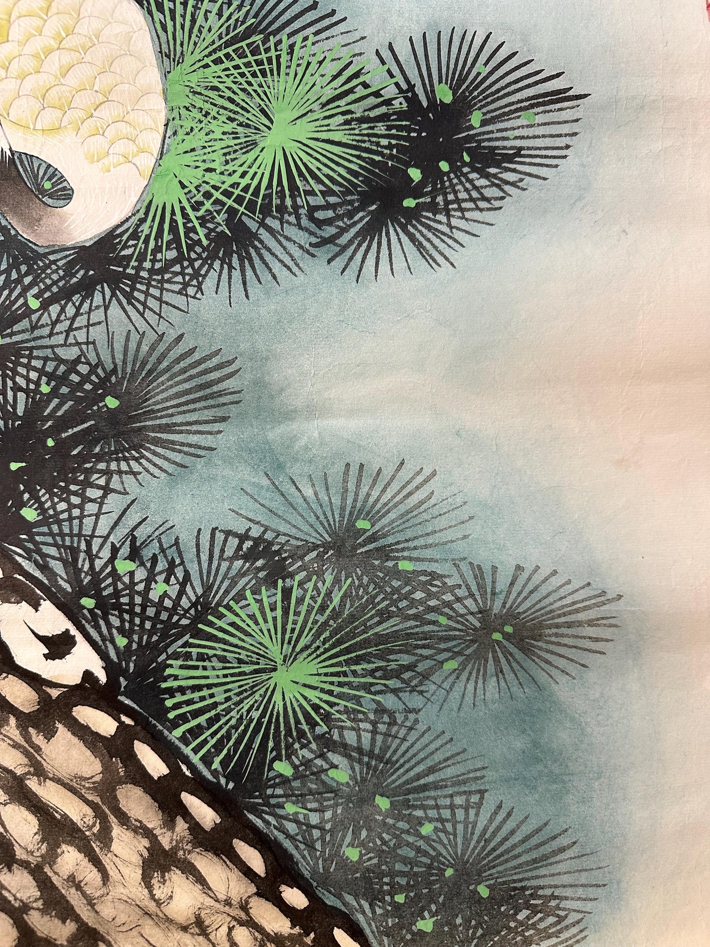 Original Chinese Gongbi Painting, Two Cranes & Pine Tree, Hand Painted Asian Wall Art, 25 Inches