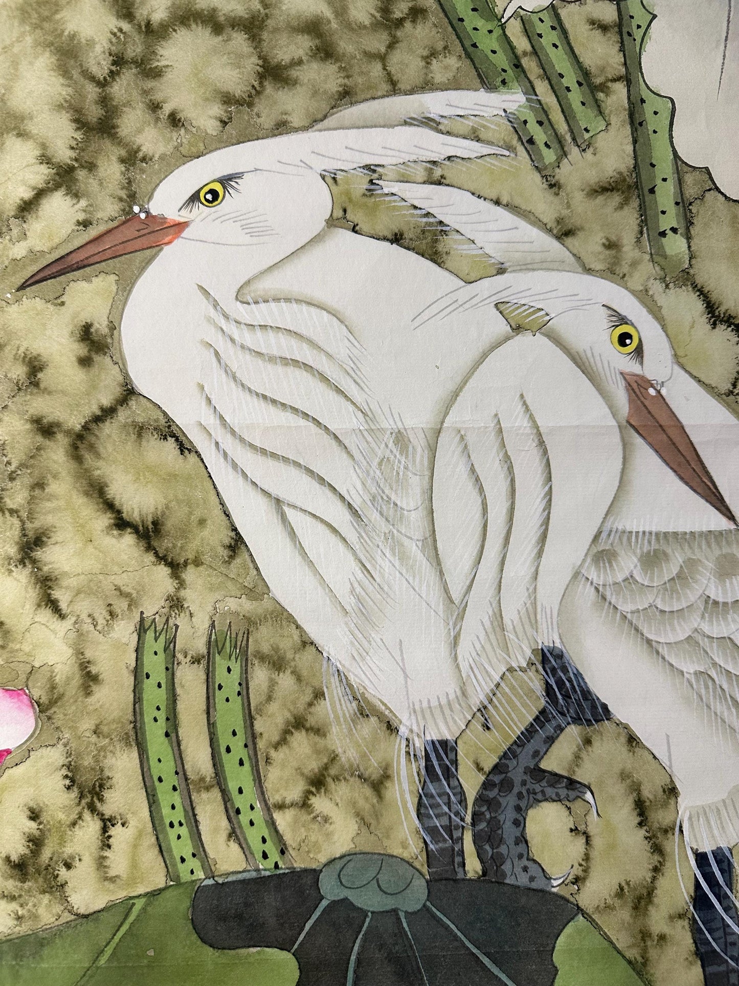 Original Chinese Gongbi Painting, Egrets and Lotus, Hand Painted Asian Wall Art, 26 Inches