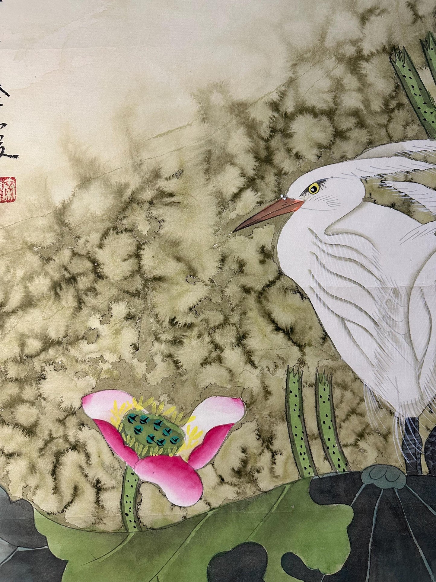 Original Chinese Gongbi Painting, Egrets and Lotus, Hand Painted Asian Wall Art, 26 Inches