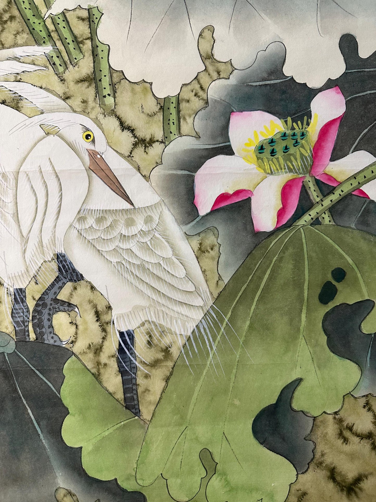 Original Chinese Gongbi Painting, Egrets and Lotus, Hand Painted Asian Wall Art, 26 Inches