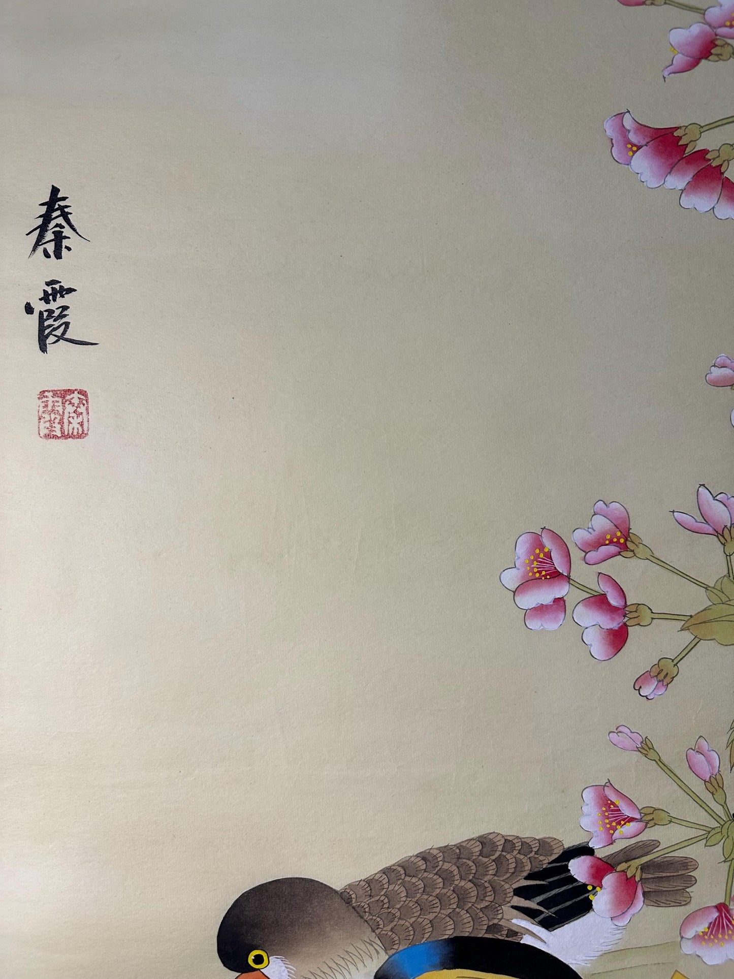 Original Chinese Gongbi Painting, Mandarin Ducks, Hand Painted Asian Wall Art, 26 Inches