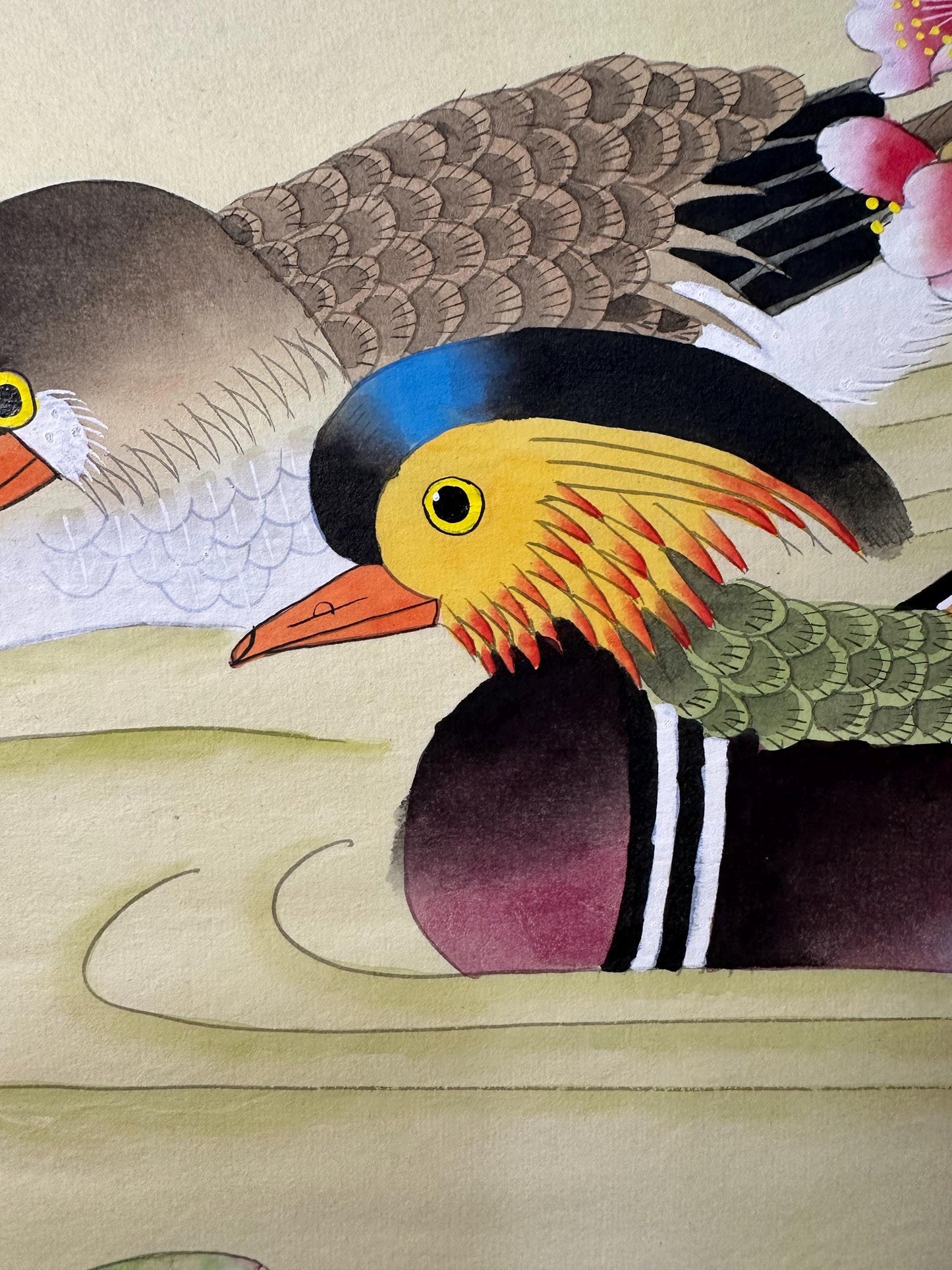 Original Chinese Gongbi Painting, Mandarin Ducks, Hand Painted Asian Wall Art, 26 Inches