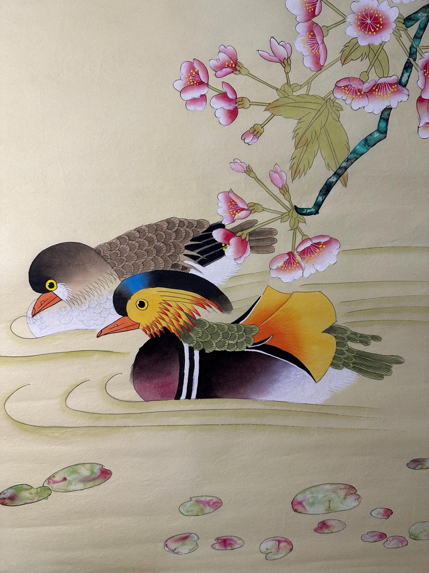 Original Chinese Gongbi Painting, Mandarin Ducks, Hand Painted Asian Wall Art, 26 Inches