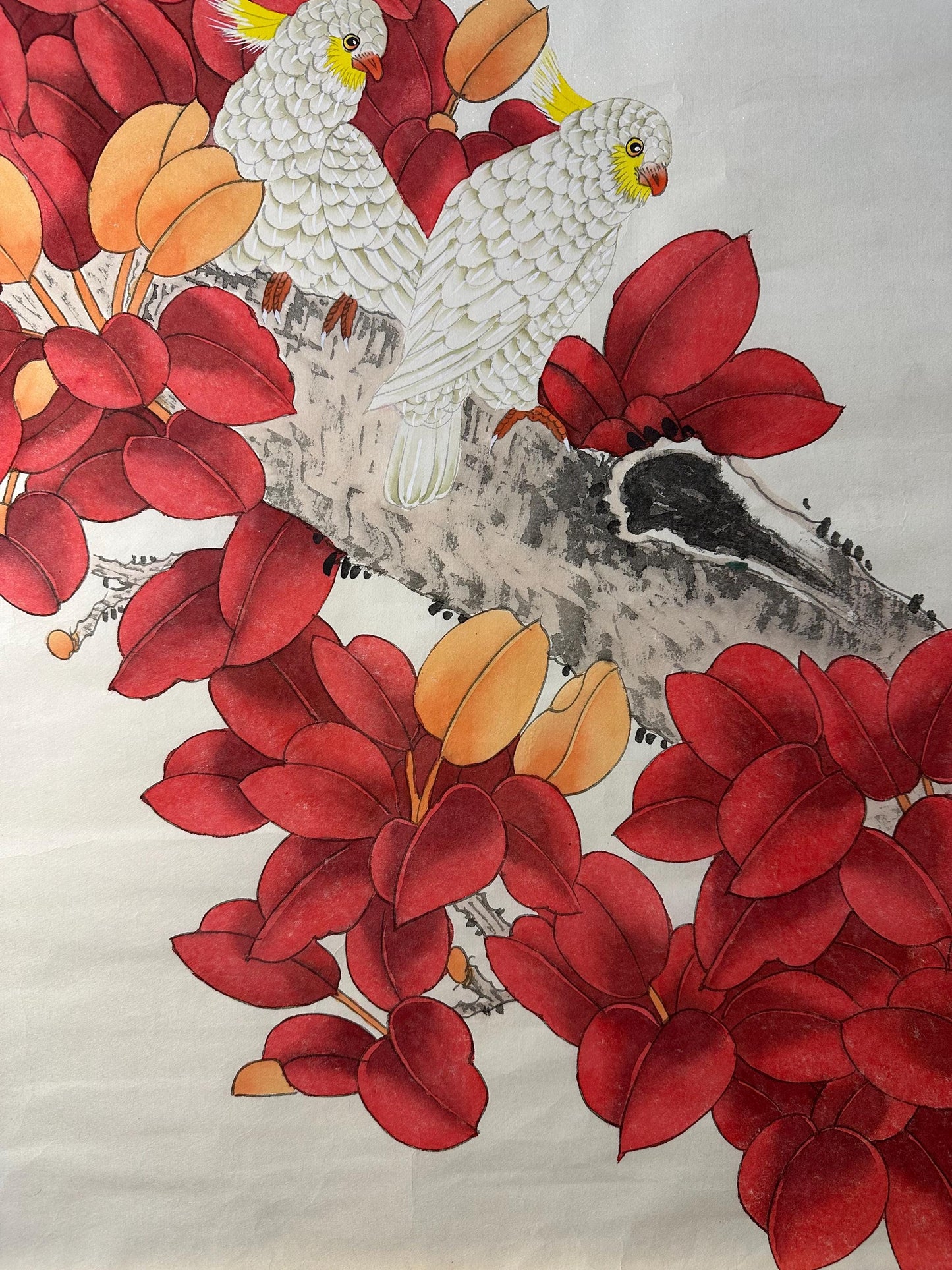 Original Chinese Gongbi Painting White Parrots & Red Leaves Hand Painted Asian Wall Art 26 Inches