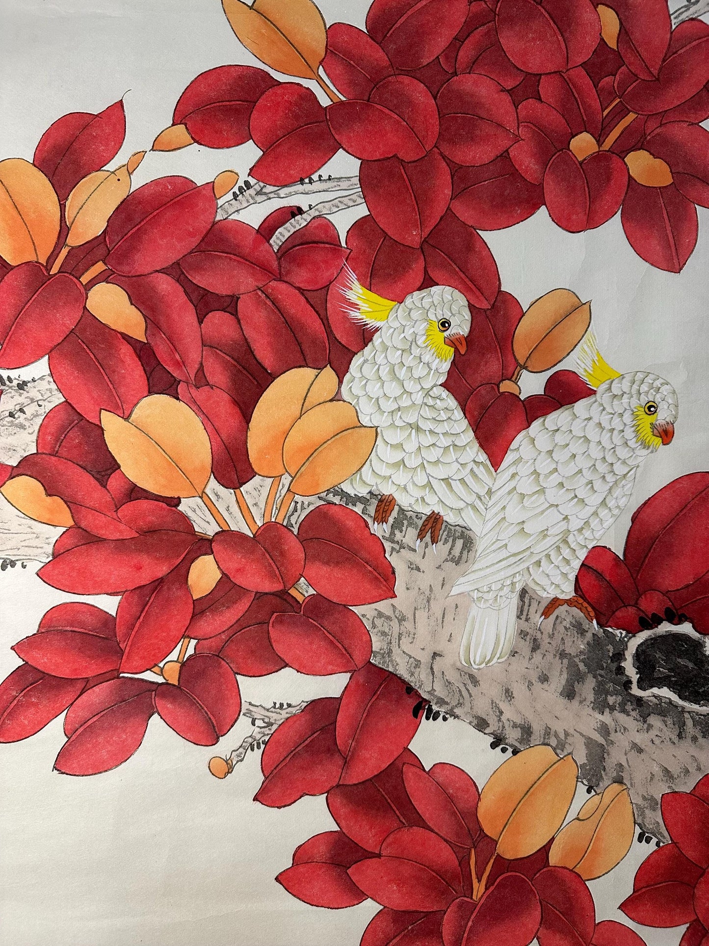 Original Chinese Gongbi Painting White Parrots & Red Leaves Hand Painted Asian Wall Art 26 Inches