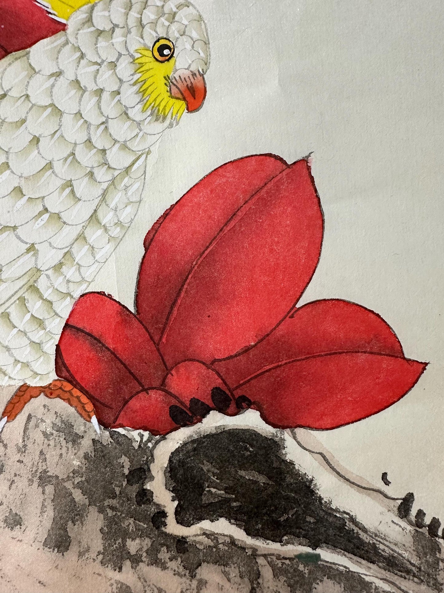 Original Chinese Gongbi Painting White Parrots & Red Leaves Hand Painted Asian Wall Art 26 Inches