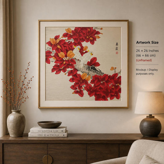 Original Chinese Gongbi Painting White Parrots & Red Leaves Hand Painted Asian Wall Art 26 Inches