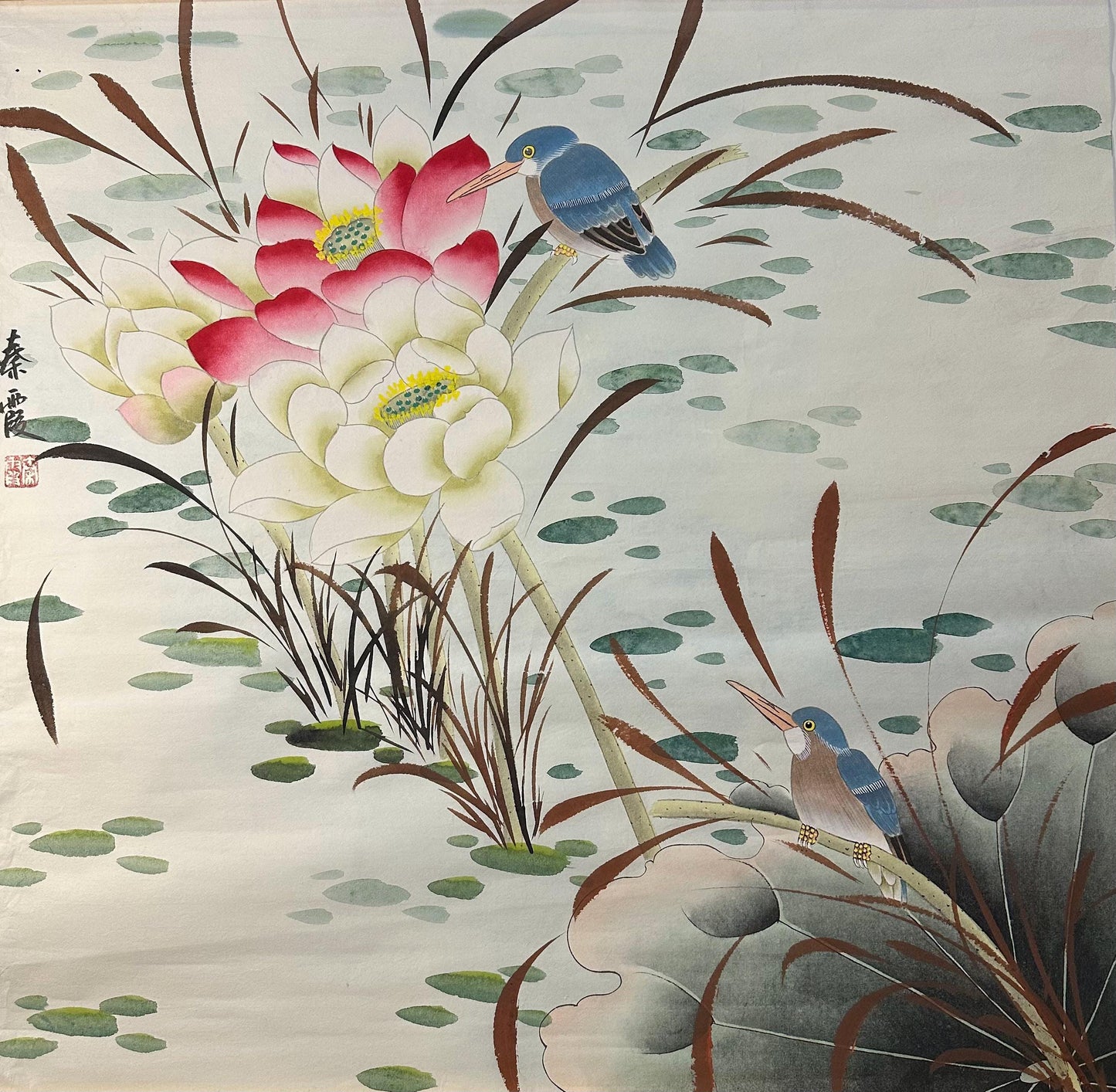 Original Chinese Gongbi Painting Lotus Flowers & Birds Hand Painted Asian Wall Art 26 Inches