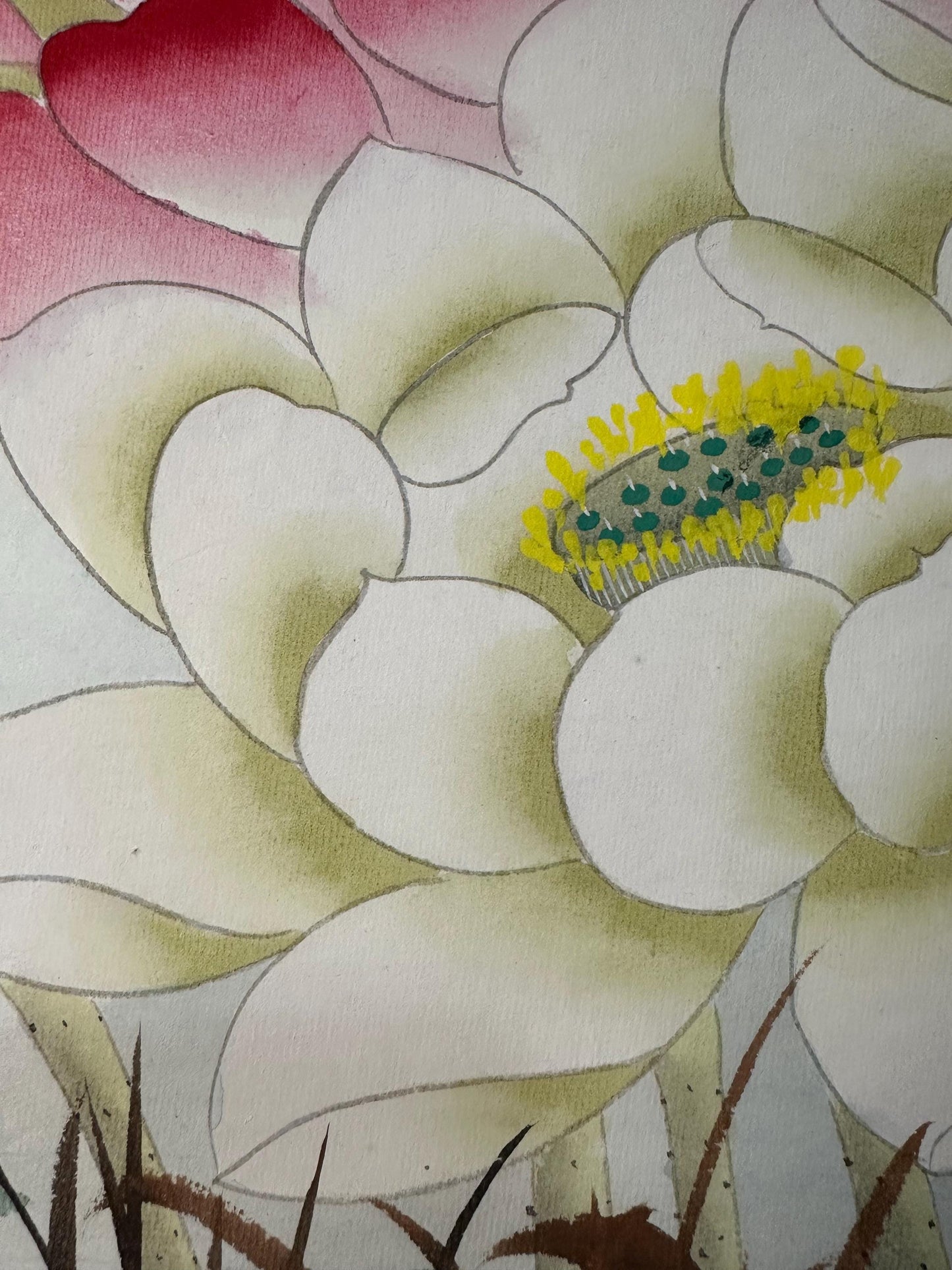 Original Chinese Gongbi Painting Lotus Flowers & Birds Hand Painted Asian Wall Art 26 Inches