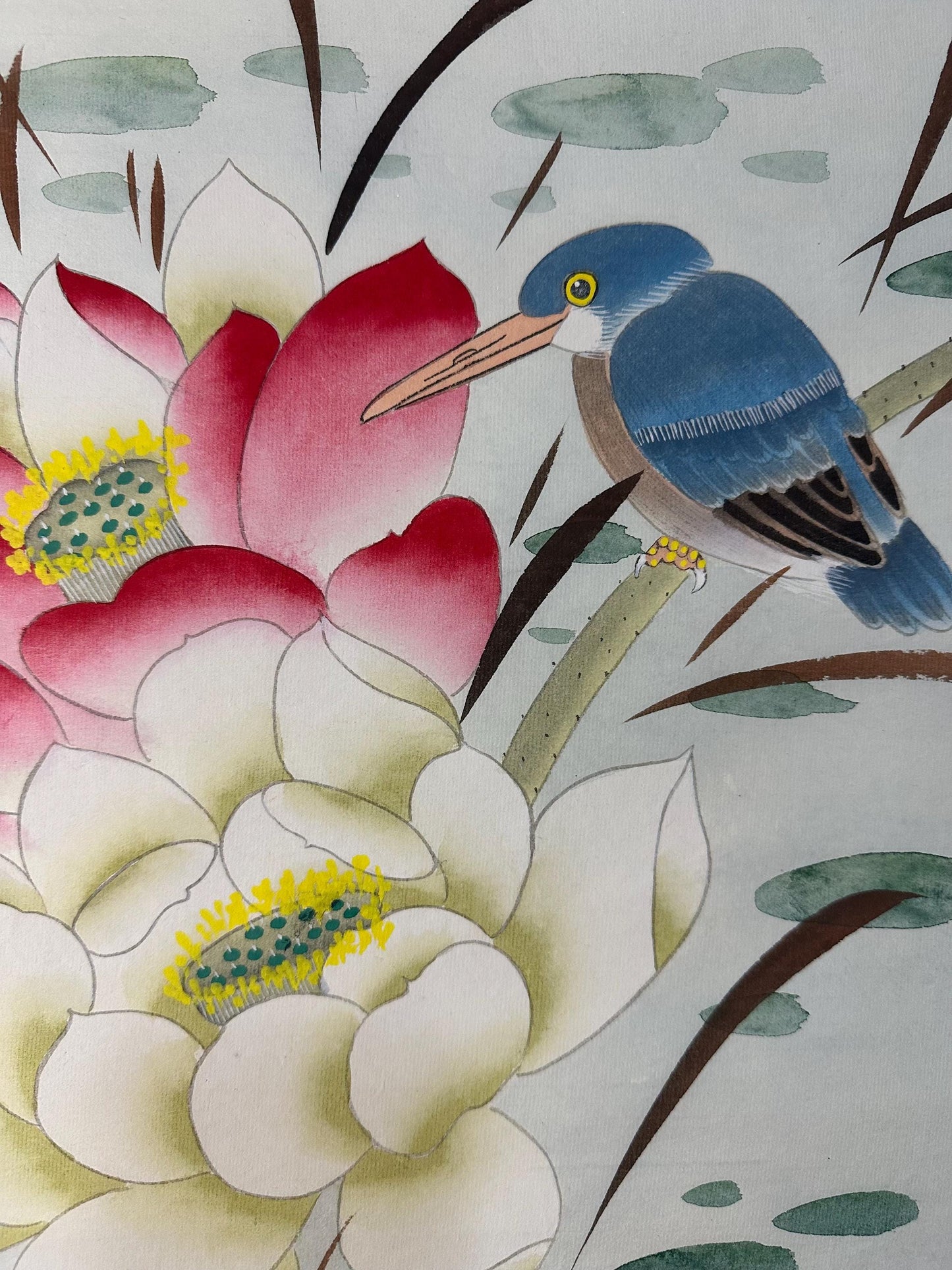 Original Chinese Gongbi Painting Lotus Flowers & Birds Hand Painted Asian Wall Art 26 Inches