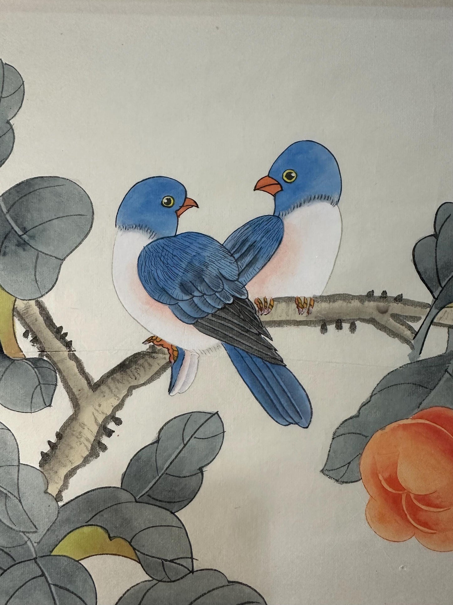 Original Chinese Gongbi Painting Persimmons & Birds Hand Painted Asian Wall Art 26 Inches