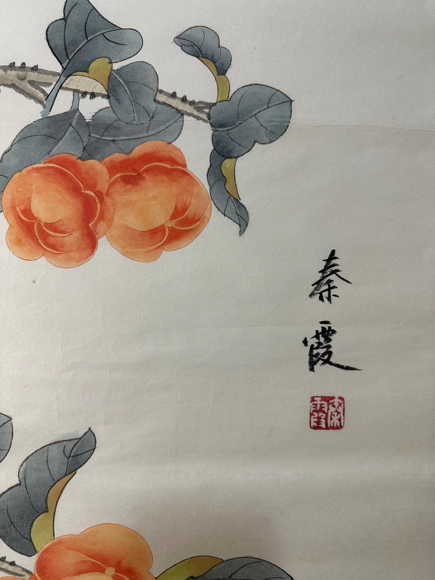 Original Chinese Gongbi Painting Persimmons & Birds Hand Painted Asian Wall Art 26 Inches