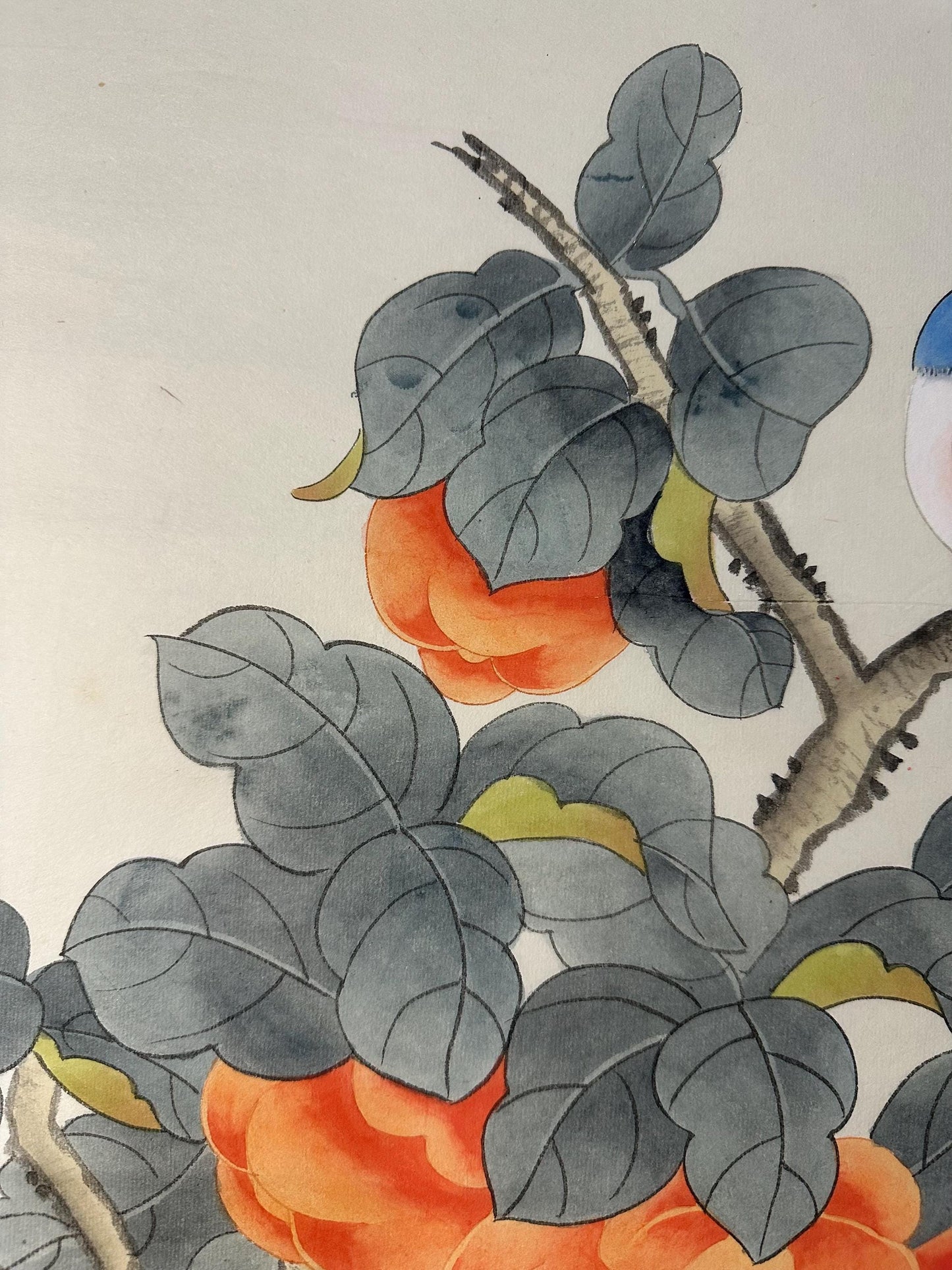 Original Chinese Gongbi Painting Persimmons & Birds Hand Painted Asian Wall Art 26 Inches