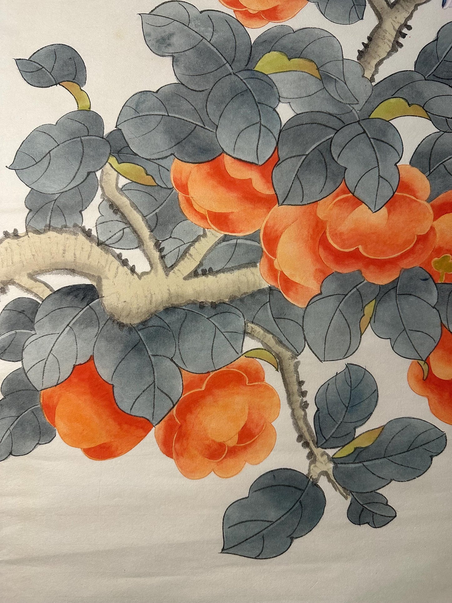 Original Chinese Gongbi Painting Persimmons & Birds Hand Painted Asian Wall Art 26 Inches