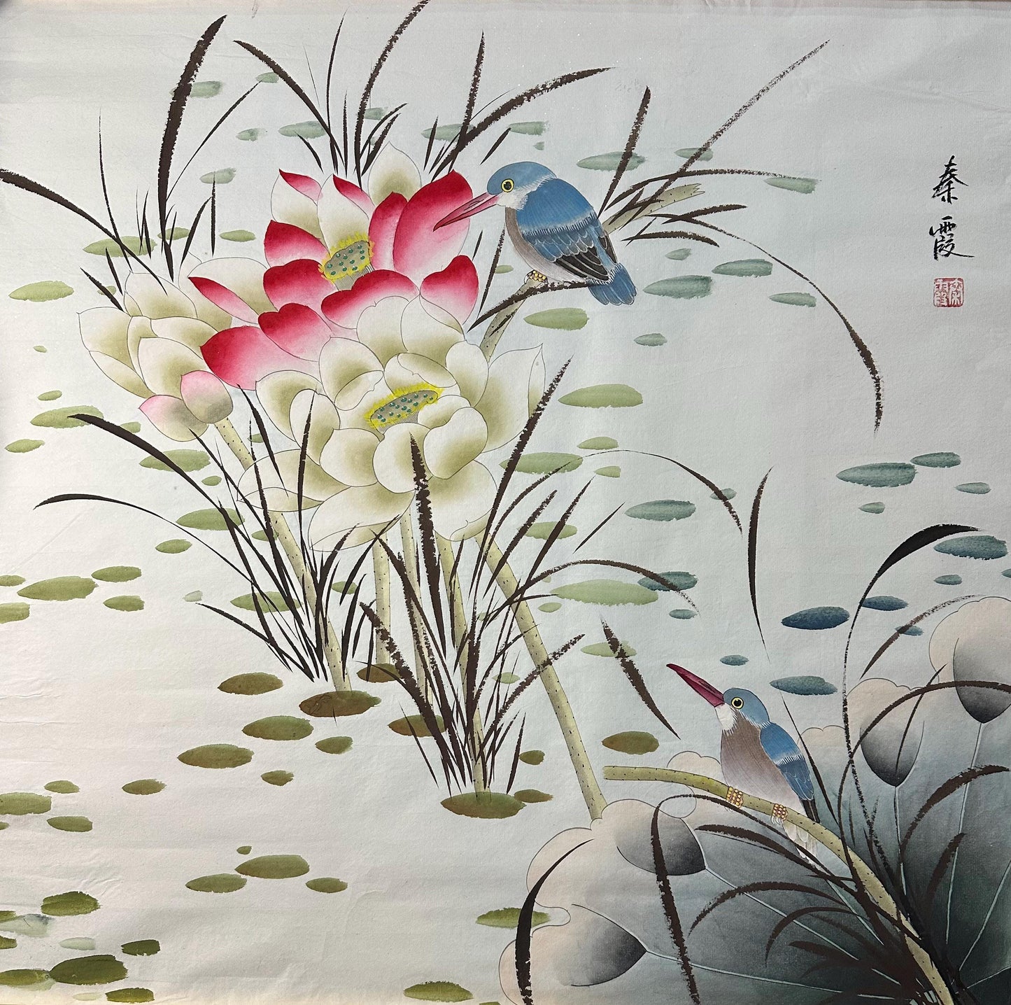 Original Chinese Gongbi Painting Two Birds and Lotus Flowers Hand Painted Asian Wall Art 26 Inches