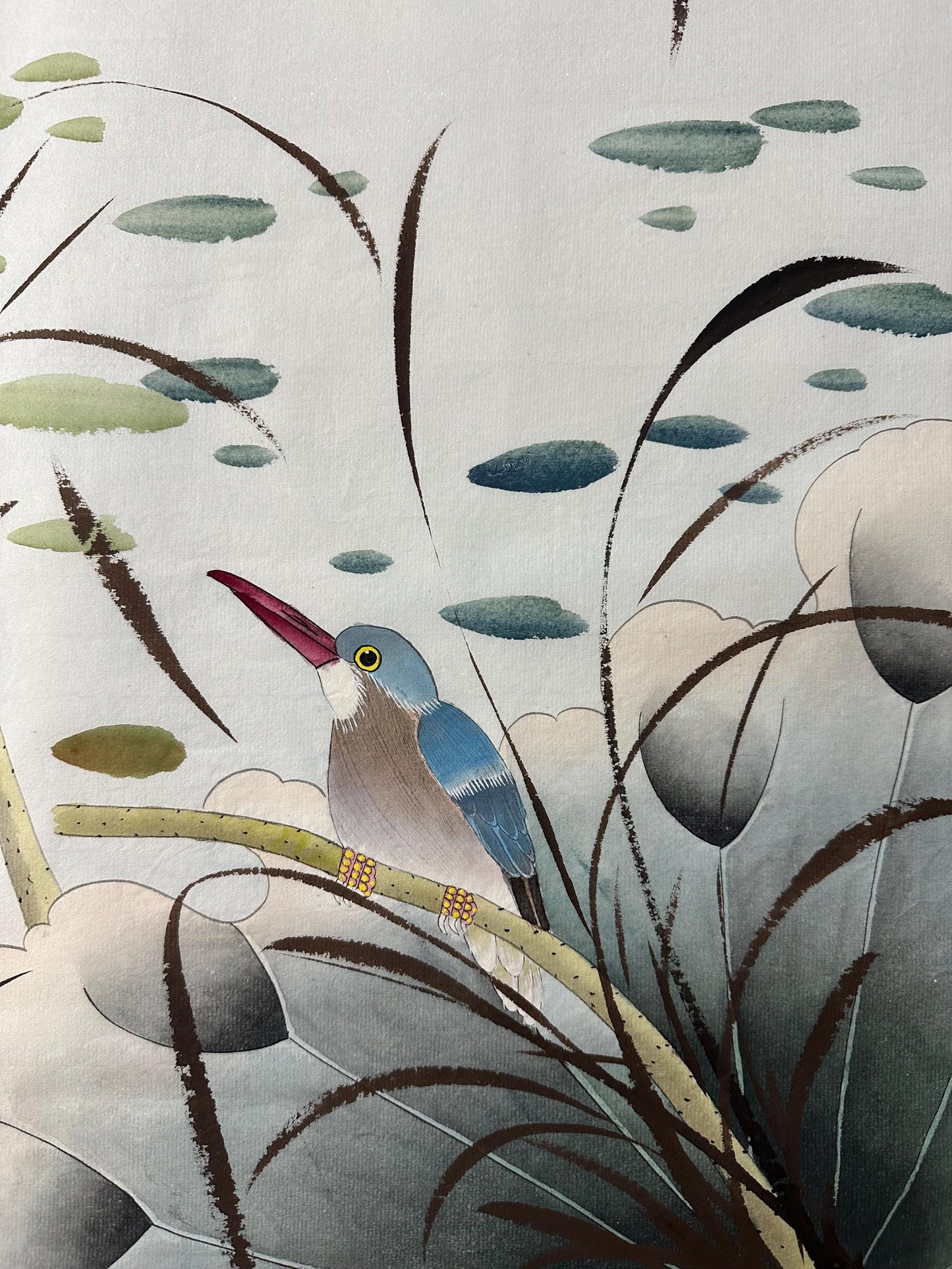 Original Chinese Gongbi Painting Two Birds and Lotus Flowers Hand Painted Asian Wall Art 26 Inches
