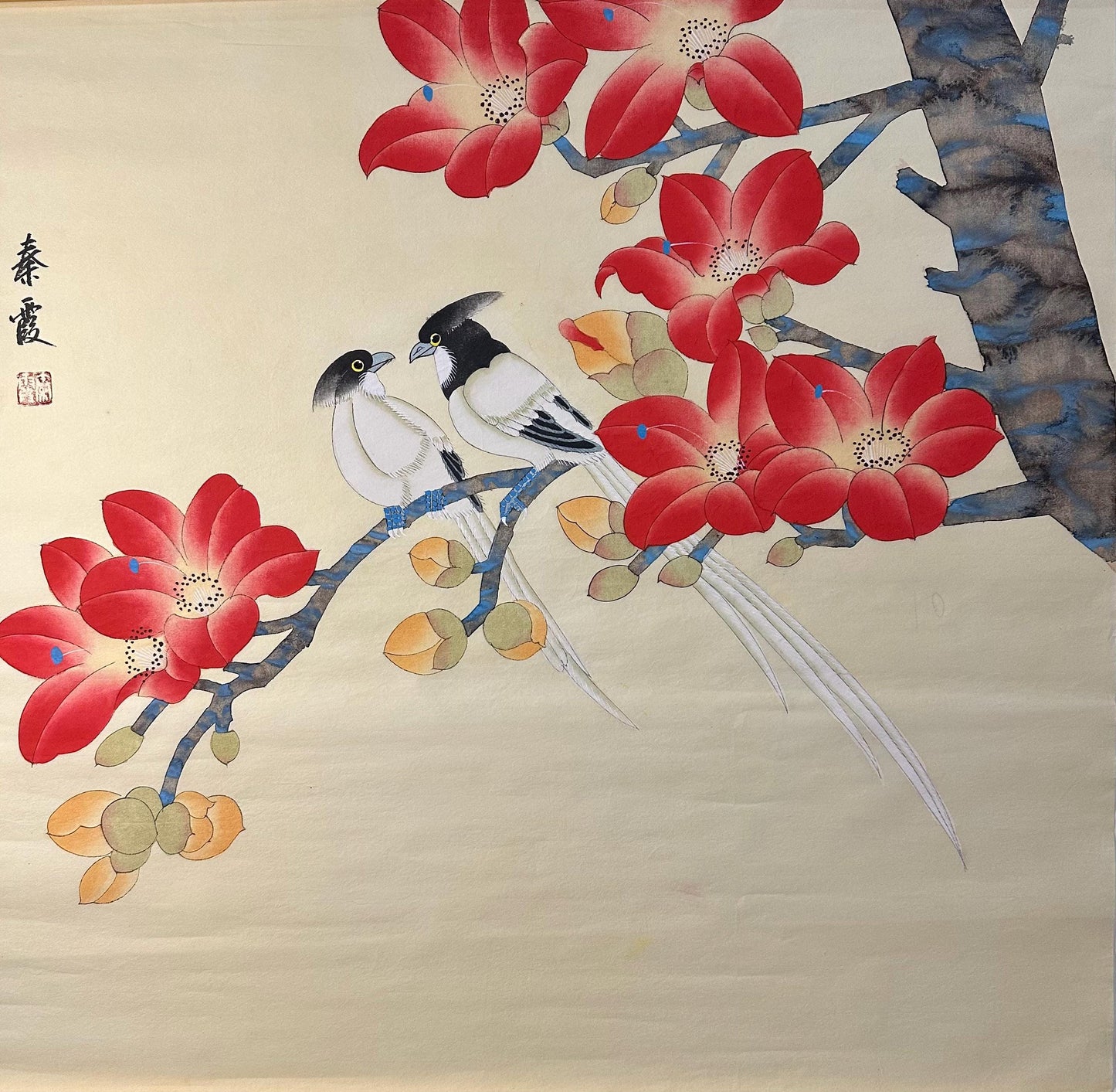 Original Chinese Gongbi Painting Pair of Birds and Red Blossoms Hand Painted Asian Wall Art 26 Inches