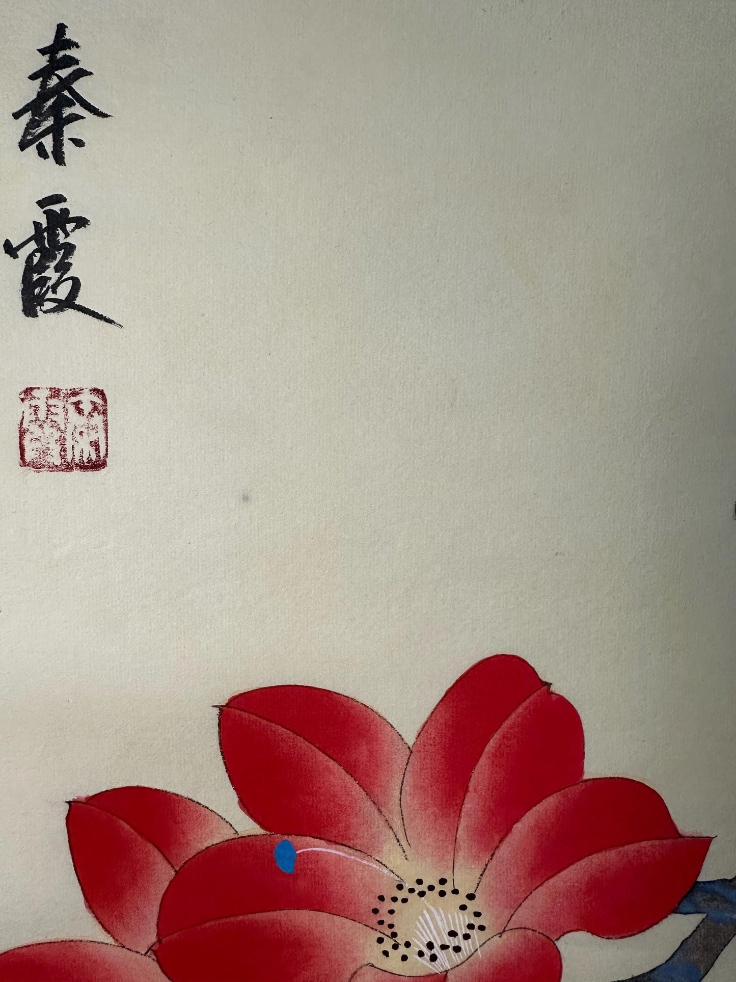 Original Chinese Gongbi Painting Pair of Birds and Red Blossoms Hand Painted Asian Wall Art 26 Inches