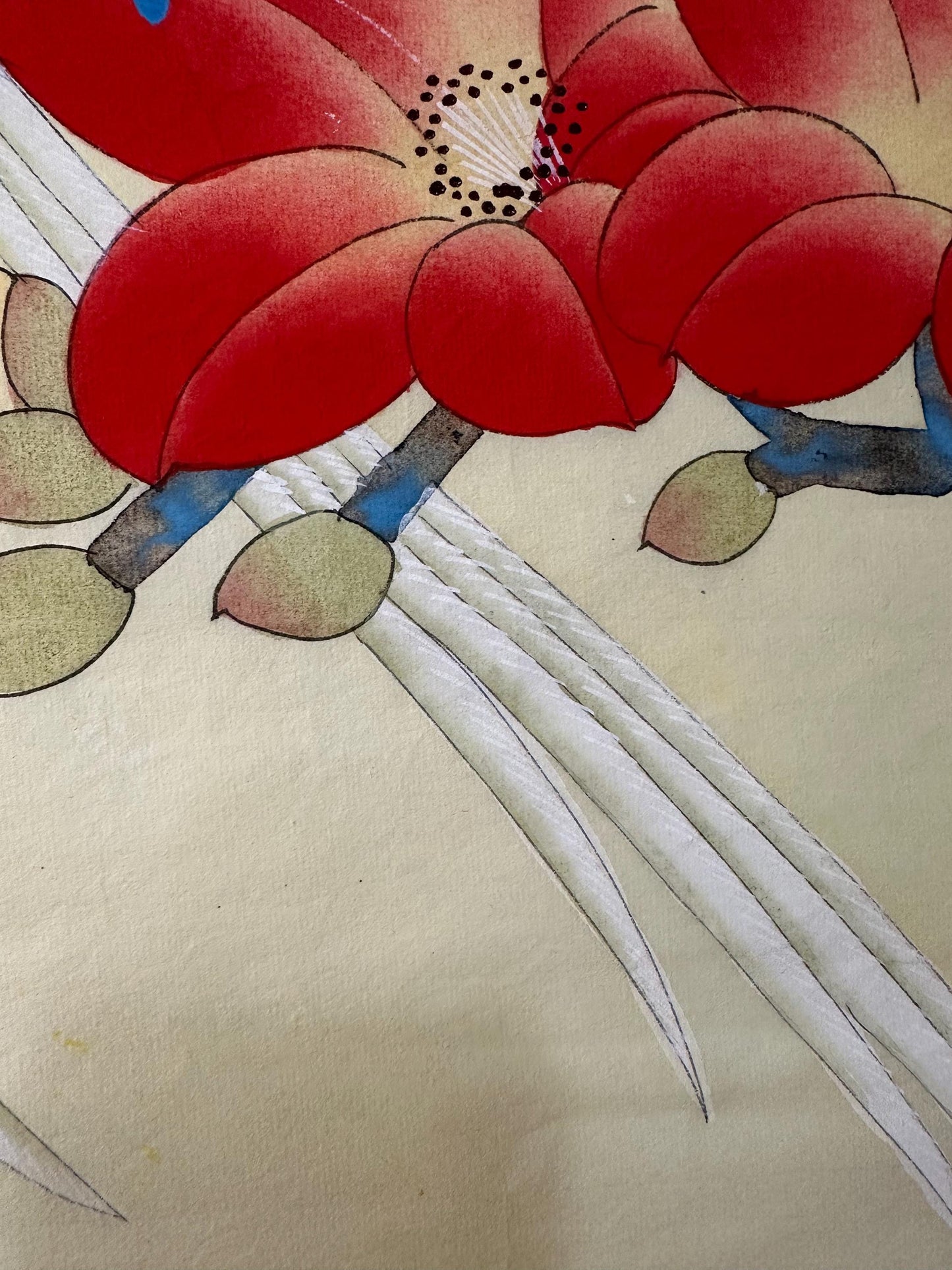Original Chinese Gongbi Painting Pair of Birds and Red Blossoms Hand Painted Asian Wall Art 26 Inches
