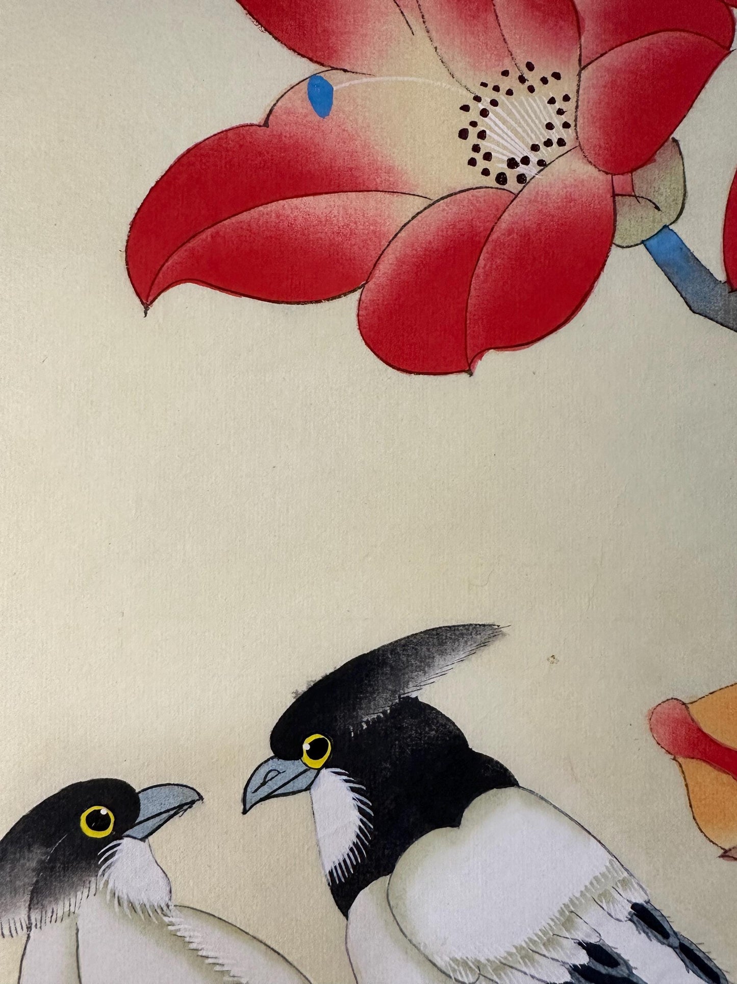 Original Chinese Gongbi Painting Pair of Birds and Red Blossoms Hand Painted Asian Wall Art 26 Inches