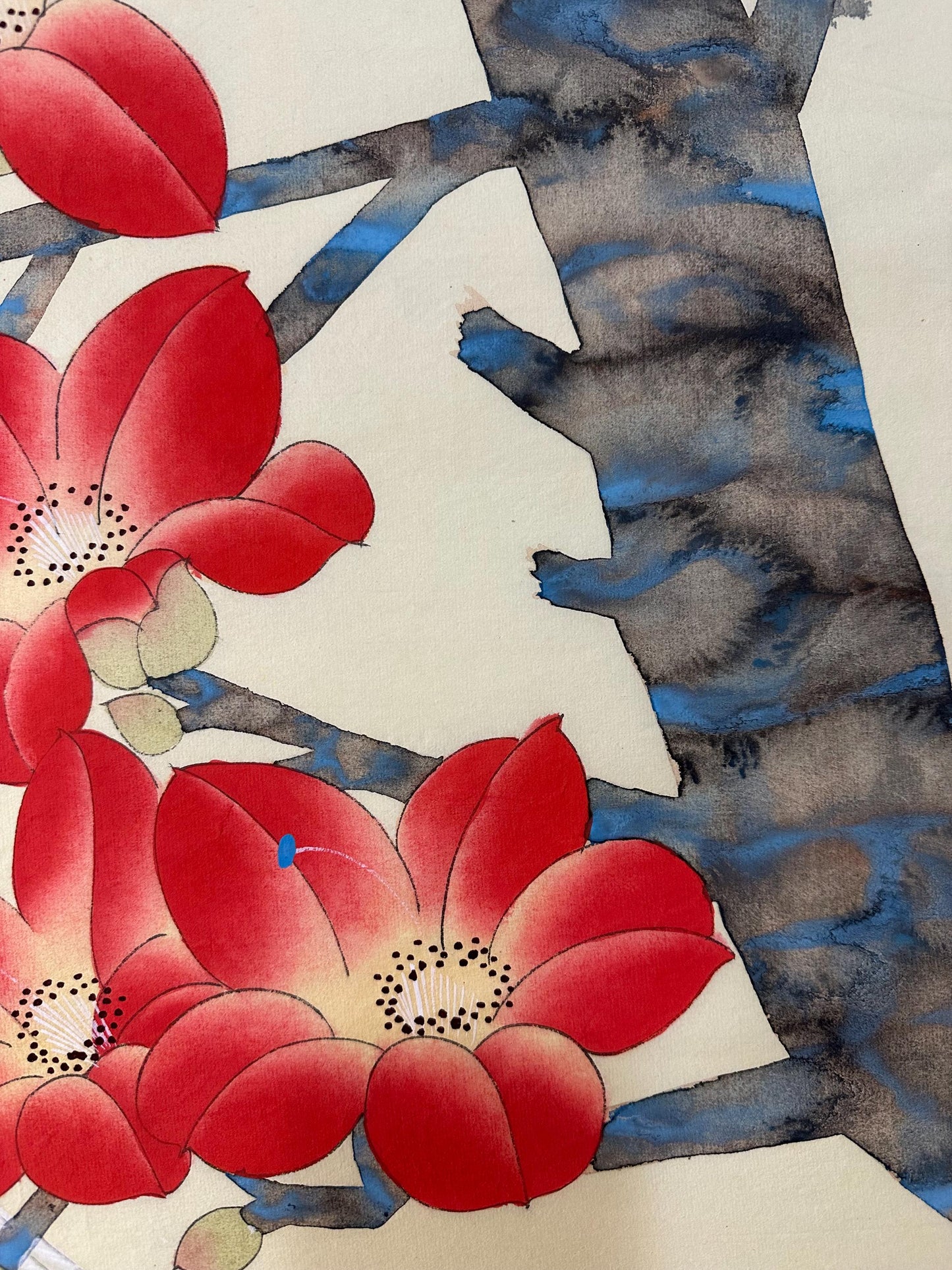 Original Chinese Gongbi Painting Pair of Birds and Red Blossoms Hand Painted Asian Wall Art 26 Inches